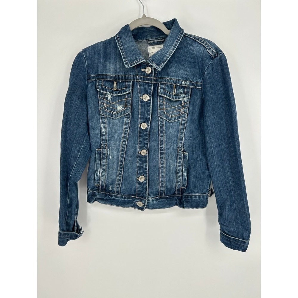 Aéropostale Womens Size L Blue Denim Jacket Distressed Pockets Trucker Western